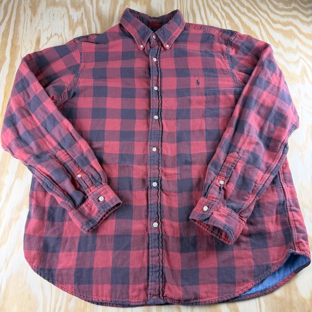 Polo Ralph Lauren Mens XXL Classic Fit Indigo Buffalo Plaid Flannel Shirt Red - Picture 7 of 7